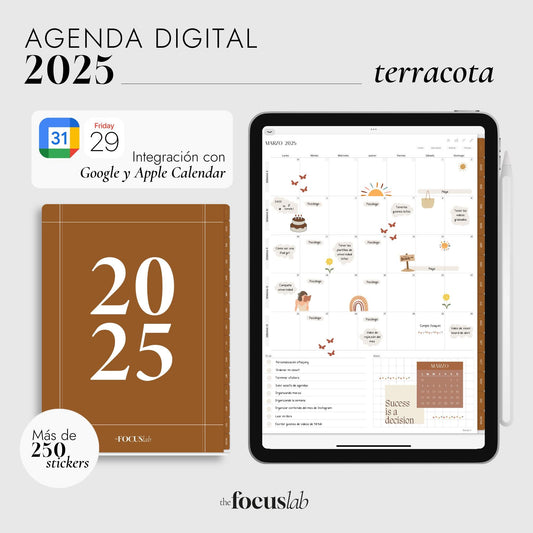 Agenda Digital 2025 Terracota con Integración a Apple y Google Calendar y STICKERS