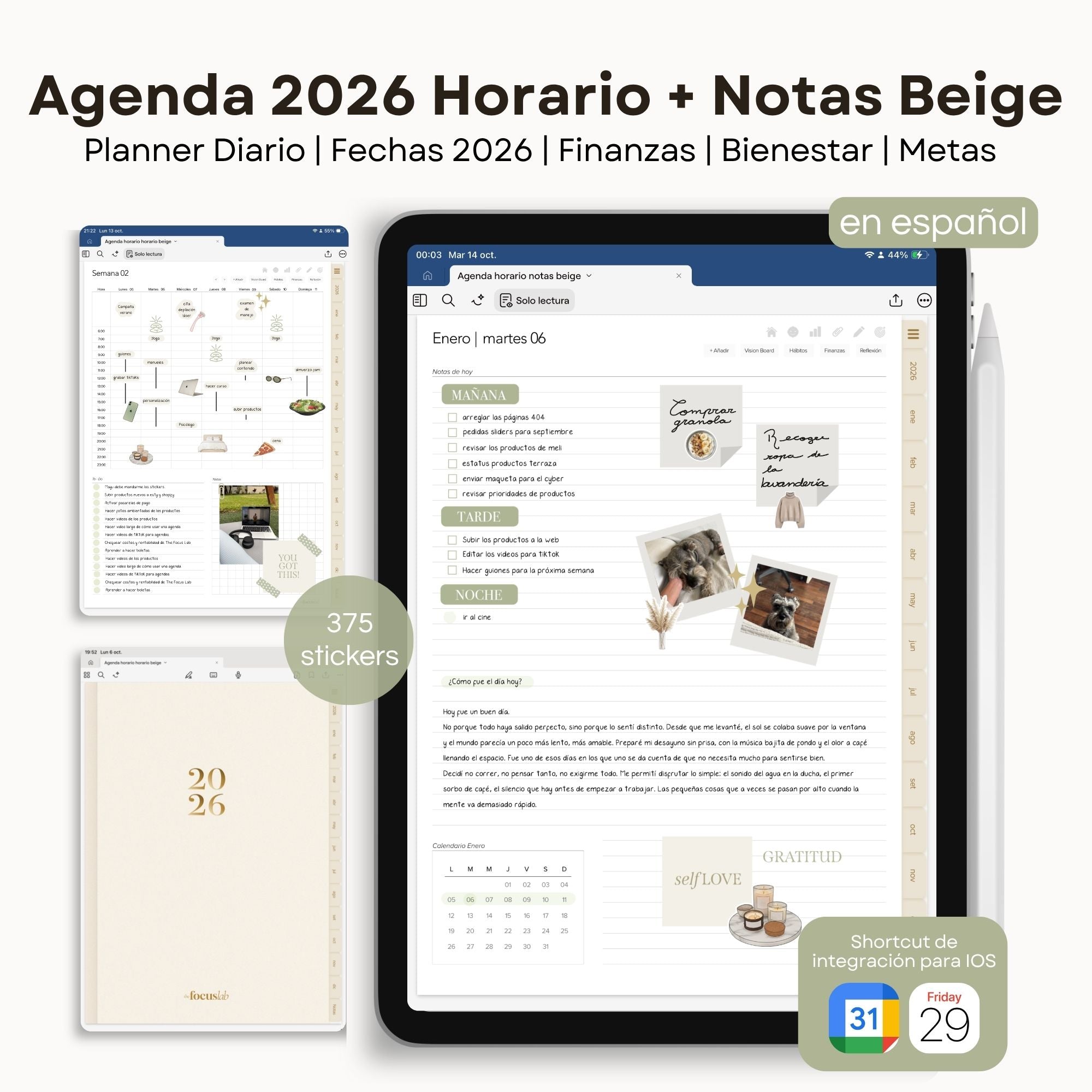 Agenda Digital Beige 2026 Diaria - Vista interior de páginas