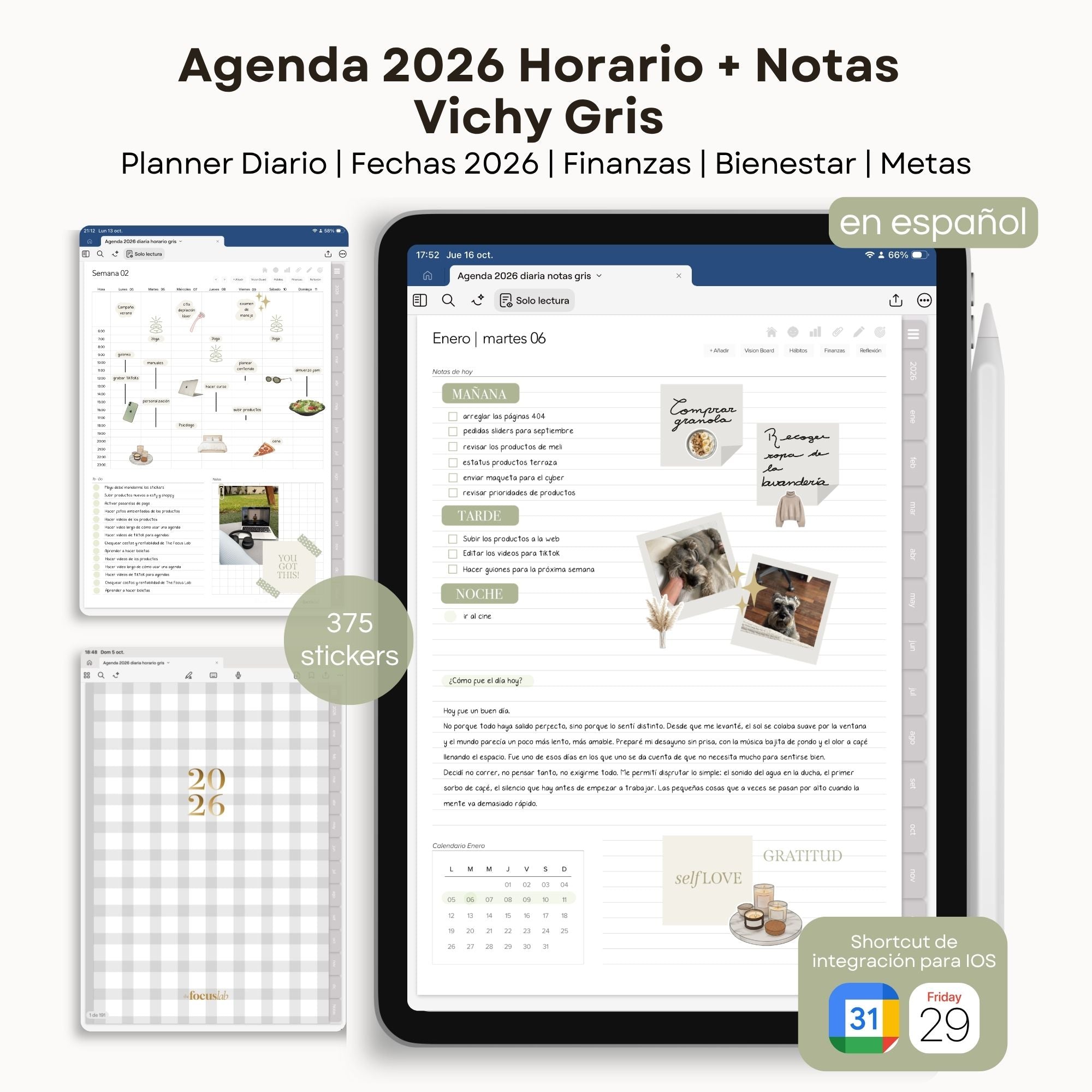 Agenda Digital Vichy Gris 2026 Diaria - Vista interior de páginas