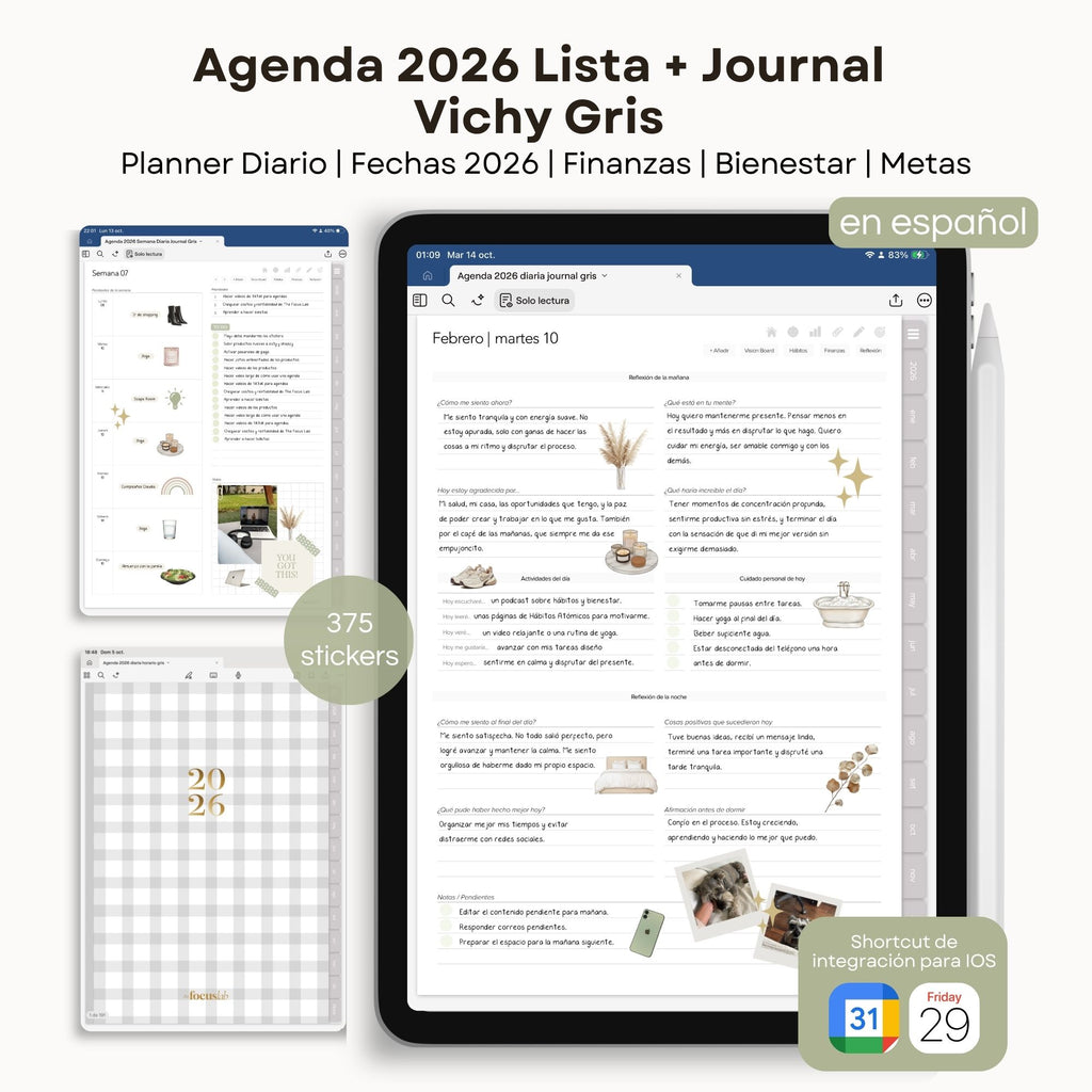 Agenda Digital Vichy Gris 2026 Diaria - Página de hábitos y metas
