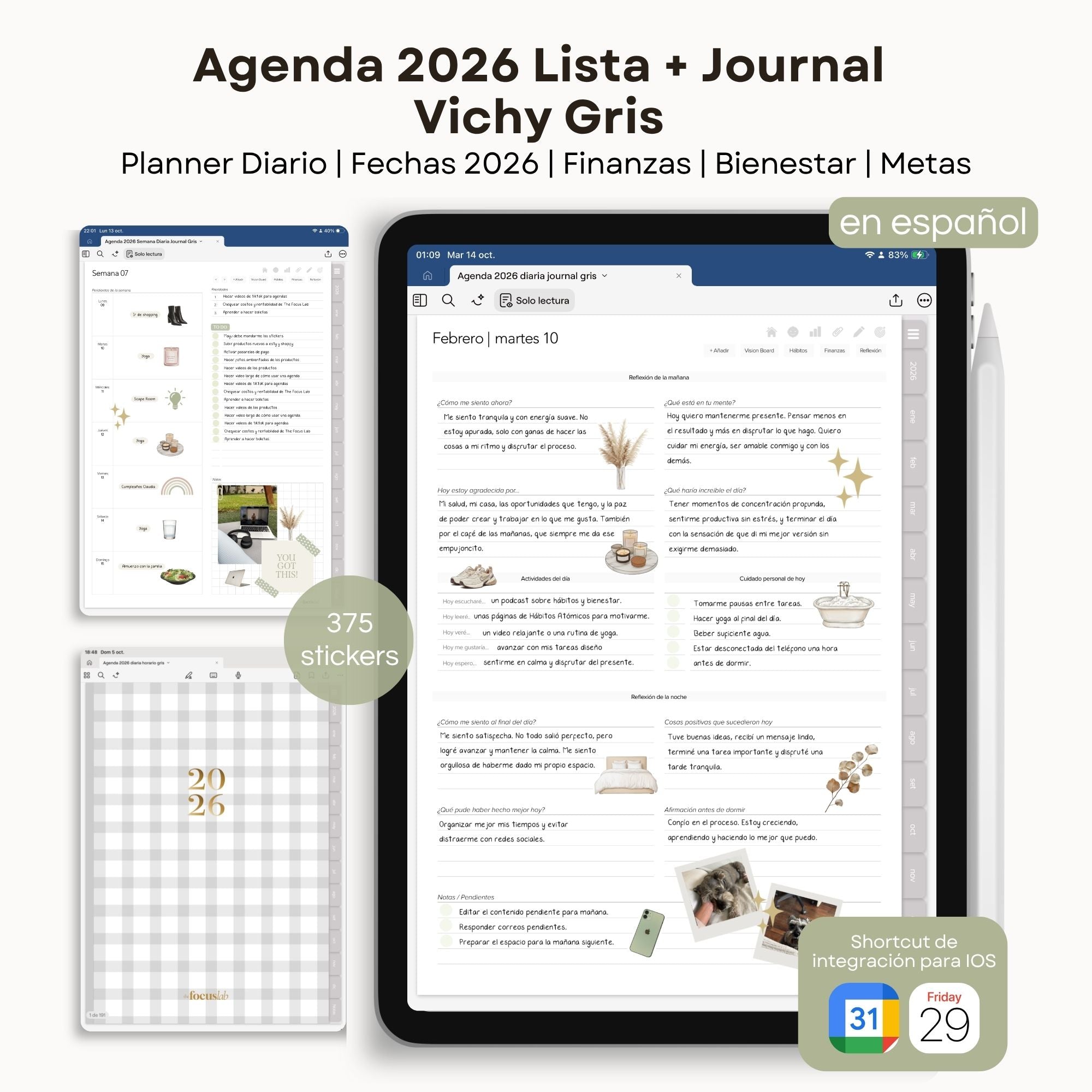 Agenda Digital Vichy Gris 2026 Diaria - Página de hábitos y metas