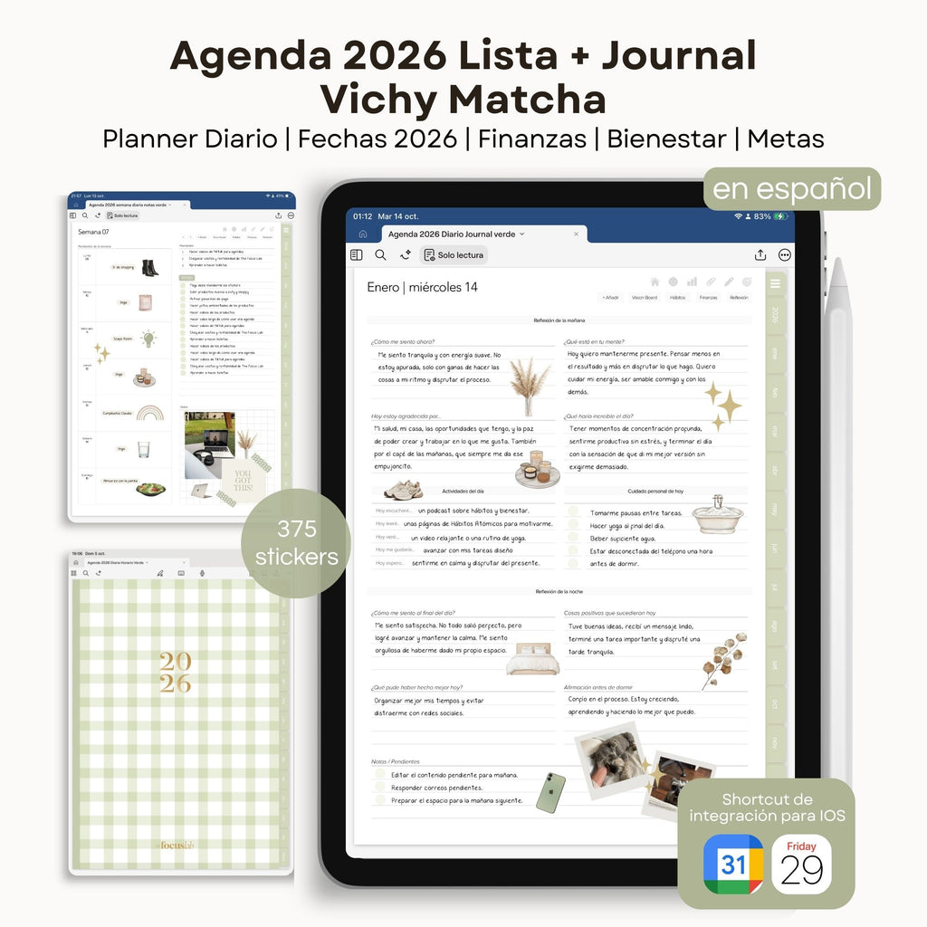 Agenda Digital Vichy Matcha 2026 Diaria - Página de hábitos y metas