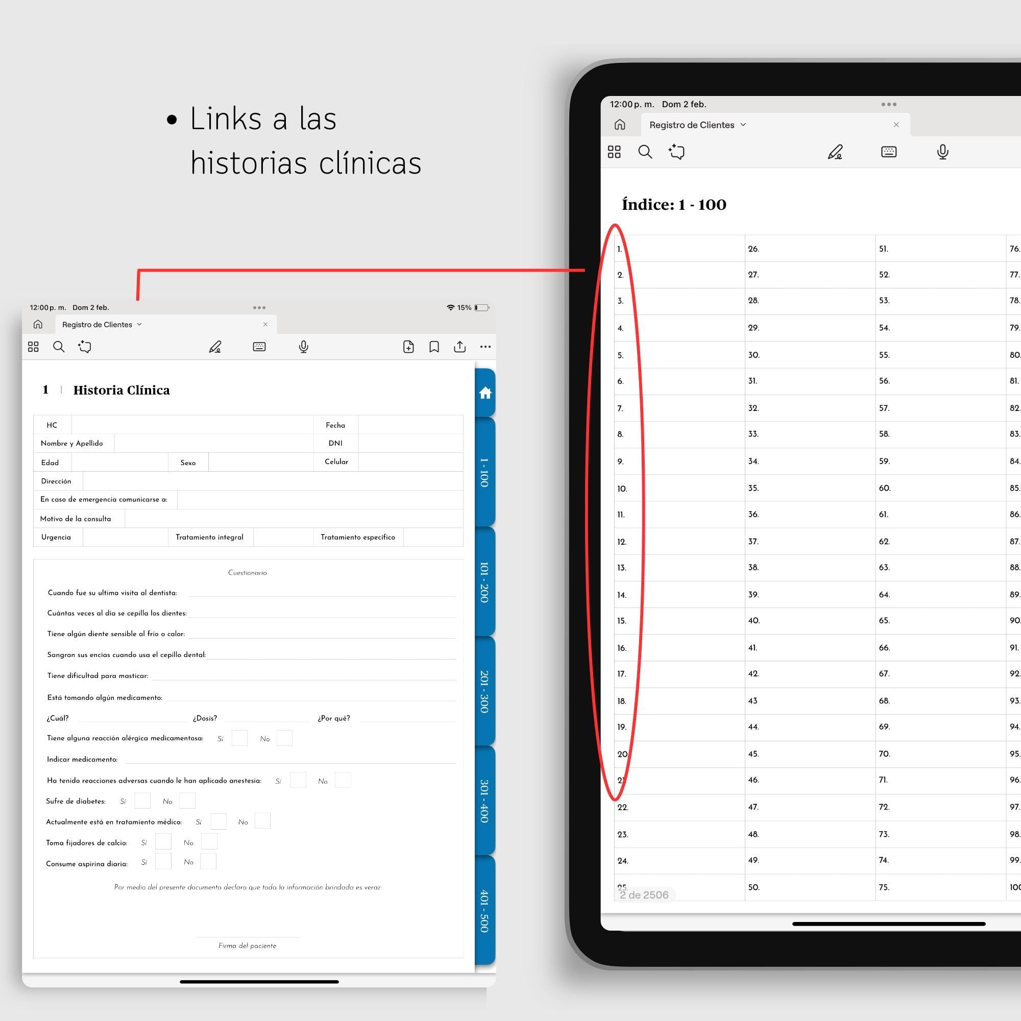 Registro de pacientes de odontología link a las historias clinicas