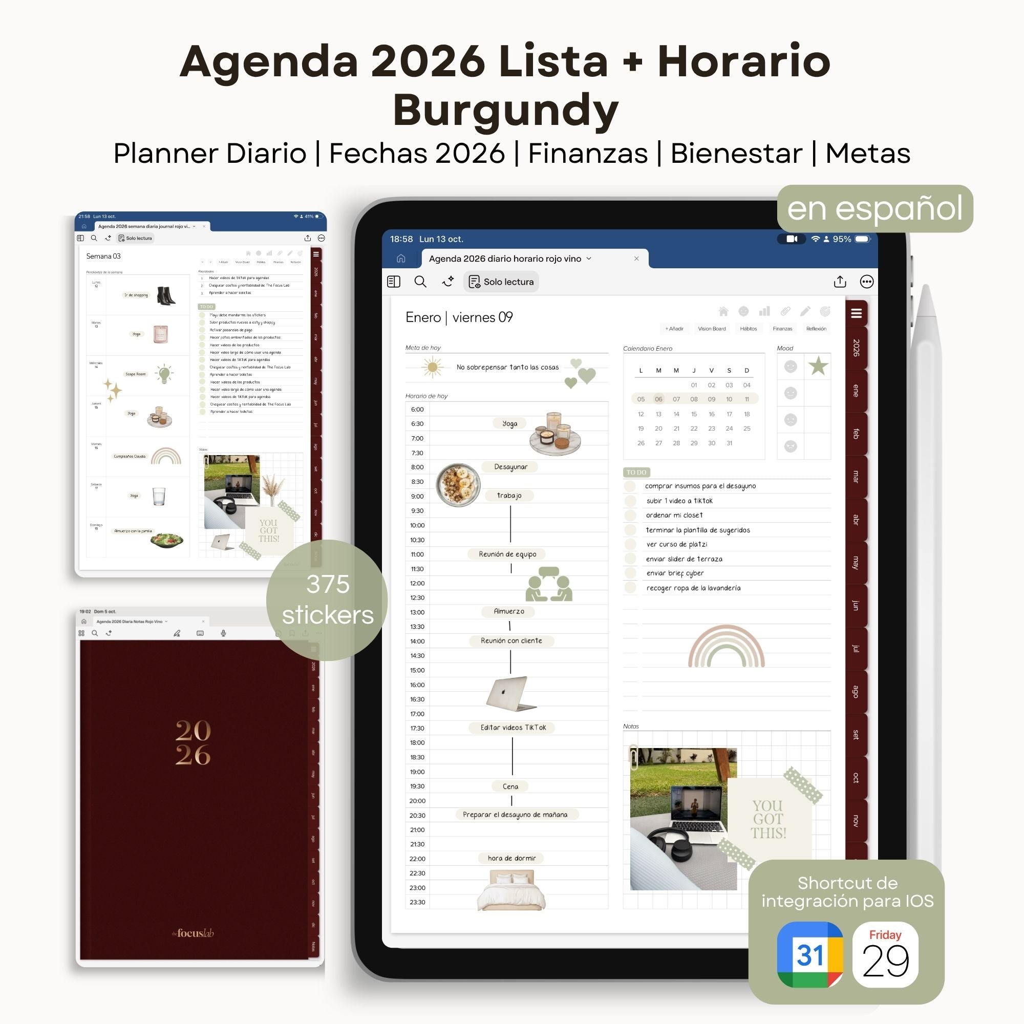Agenda Digital Rojo Vino 2026 Diaria - Diseño de página mensual