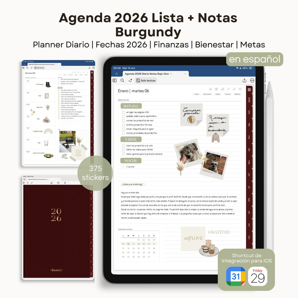 Agenda Digital Rojo Vino 2026 Diaria - Detalle de diseño