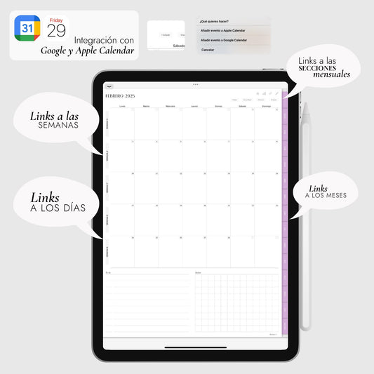 Agenda Digital 2025 Mauve con Integración a Apple y Google Calendar y STICKERS