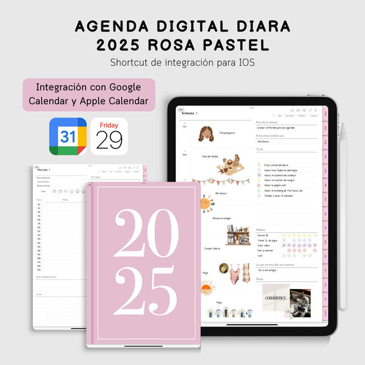Agenda Digital 2025 Rosado Pastel Diaria con Integración a Apple Calendar y Google Calendar