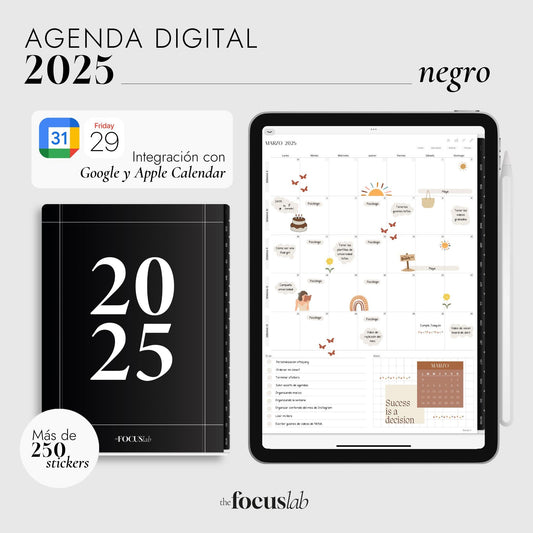 Agenda Digital 2025 Negro con Integración a Apple y Google Calendar y STICKERS