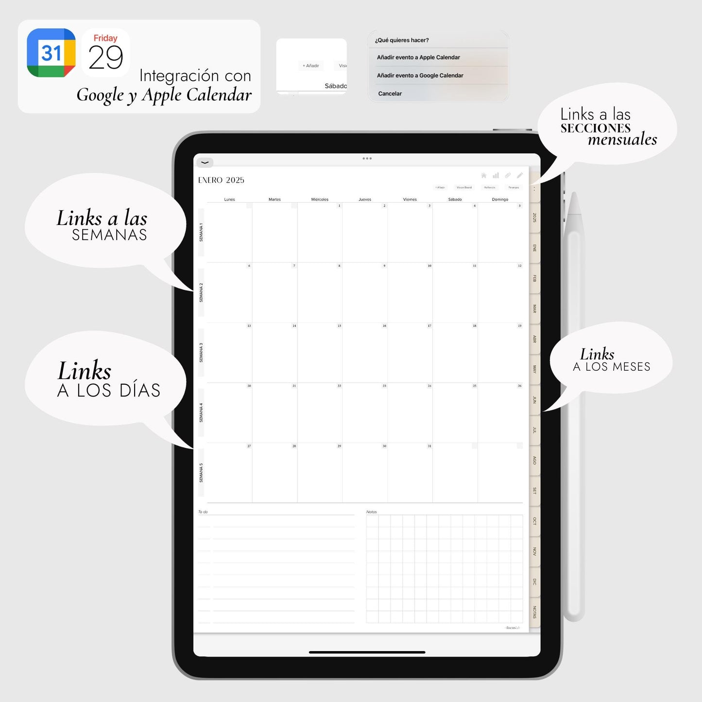 Agenda Digital 2025 Nude con Integración a Apple y Google Calendar y STICKERS