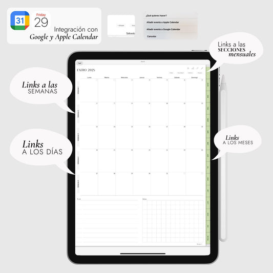 Agenda Digital 2025 Pistacchio con Integración a Apple y Google Calendar y STICKERS