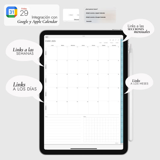 Agenda Digital 2025 Celeste con Integración a Apple y Google Calendar y STICKERS
