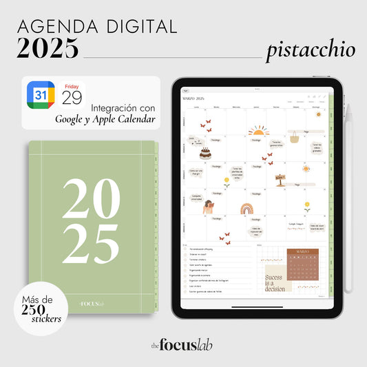 Agenda Digital 2025 Pistacchio con Integración a Apple y Google Calendar y STICKERS
