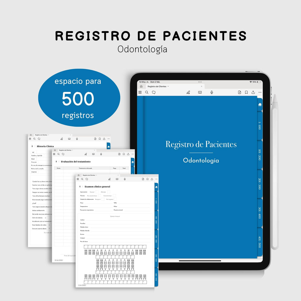 Portada del registro de pacientes de odontología de 500 registros