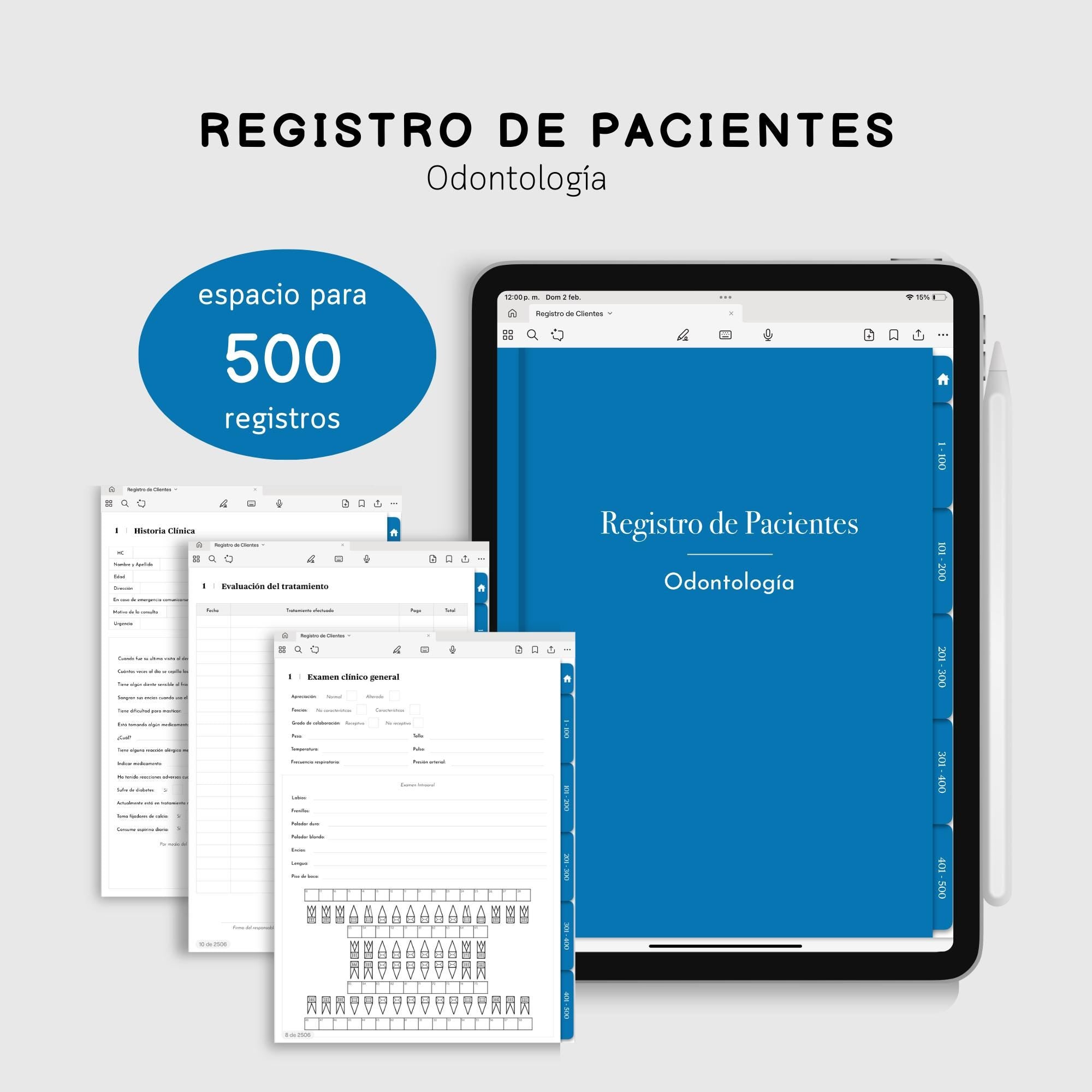 Portada del registro de pacientes de odontología de 500 registros